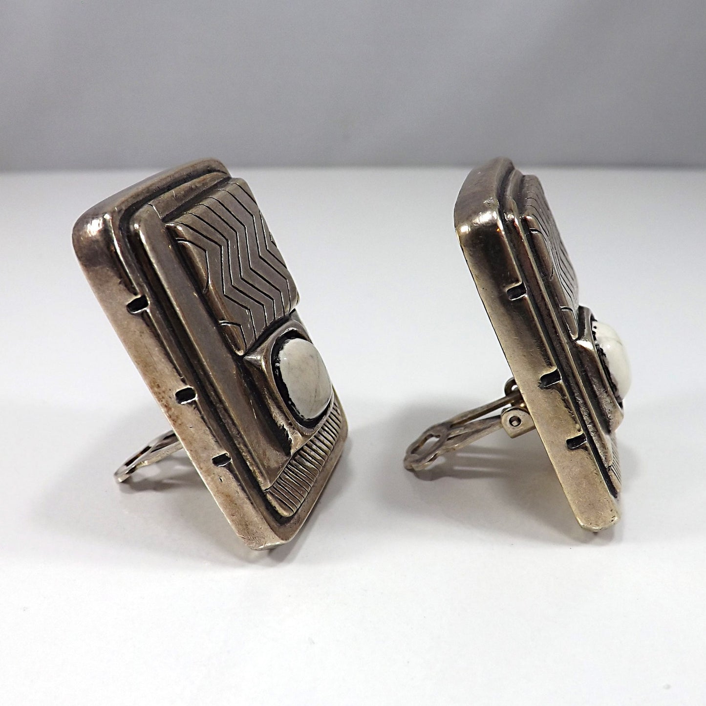 Laurel Burch Silver Clip Earrings White Magnesite Stone Vintage 1980s Rare