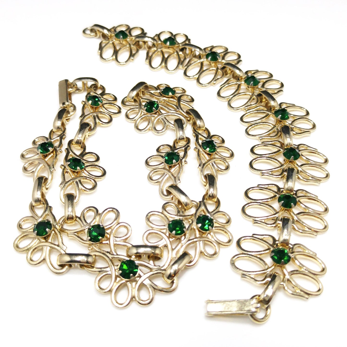 Green Rhinestone Necklace & Bracelet Set, Gold Tone, 1950s Vintage Jewelry
