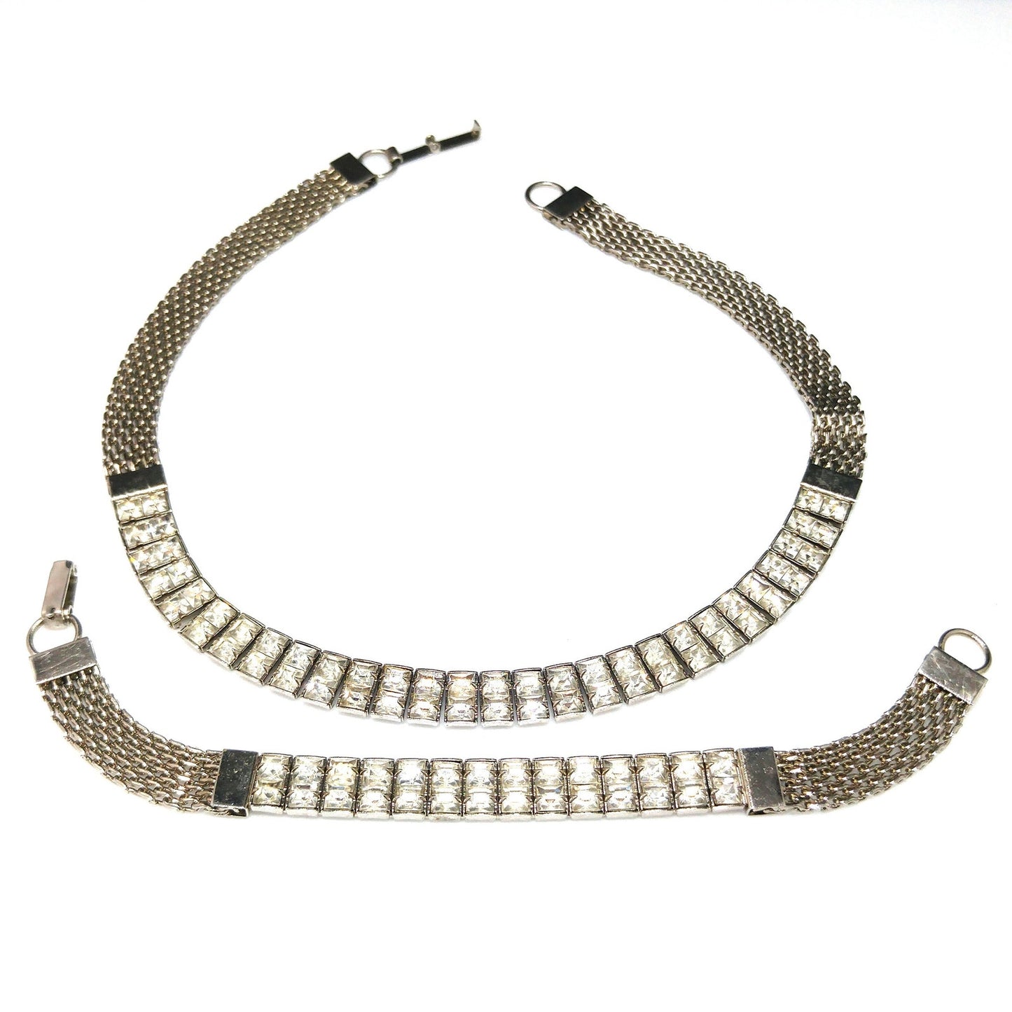 Art Deco Clear Rhinestone Choker Necklace Bracelet Set, Silver Tone Mesh, 1950s Vintage Jewelry