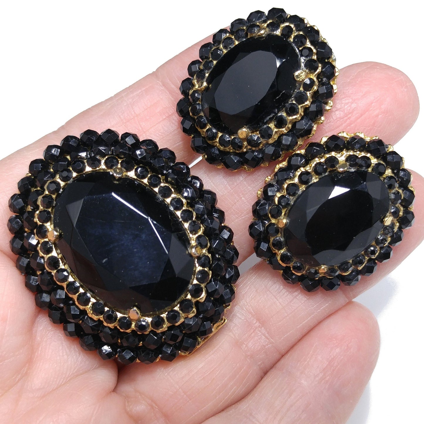 Vendome Black Crystal Brooch & Clip Earrings Set, Gold Plated Vintage Jewelry, Convertible Pendant