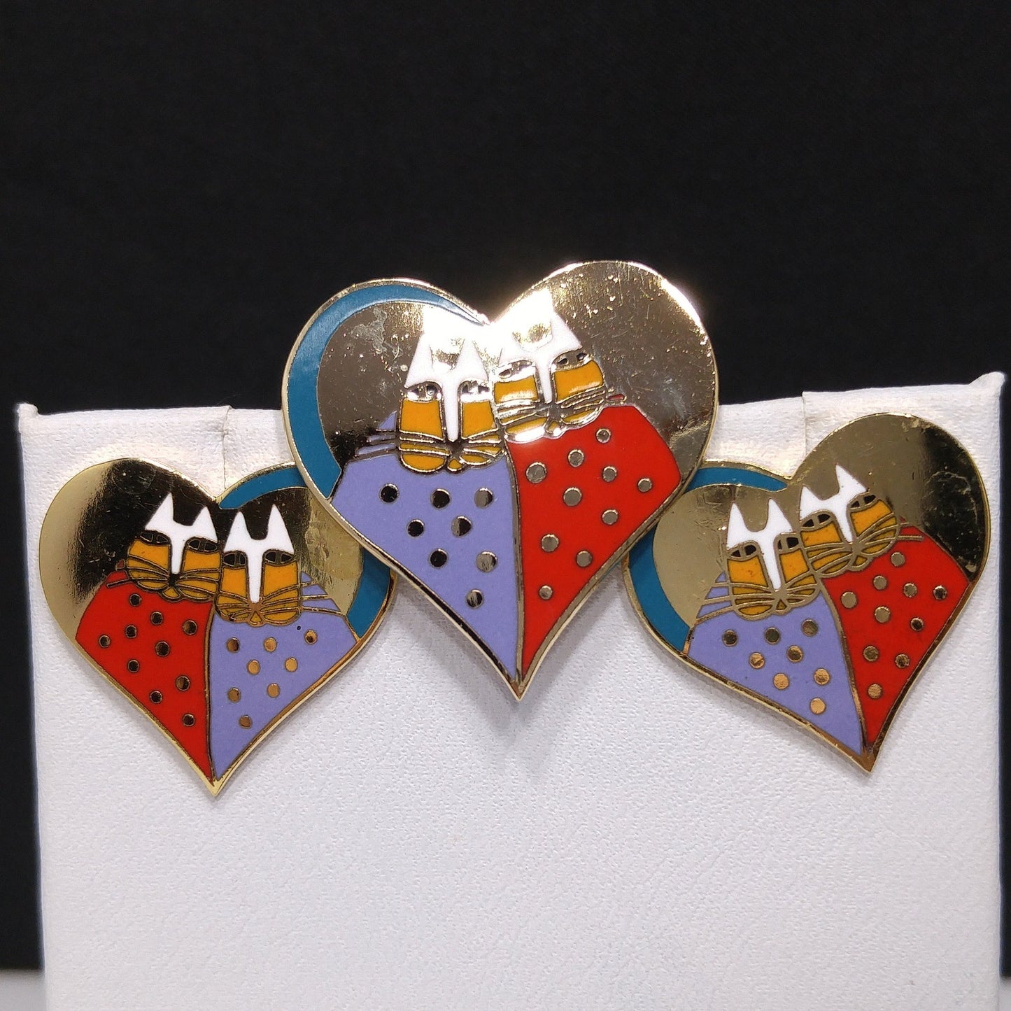 Laurel Burch "Valentine Cats" Brooch & Earrings, Gold Plated, Cloisonné Enamel, 1980s Vintage Jewelry