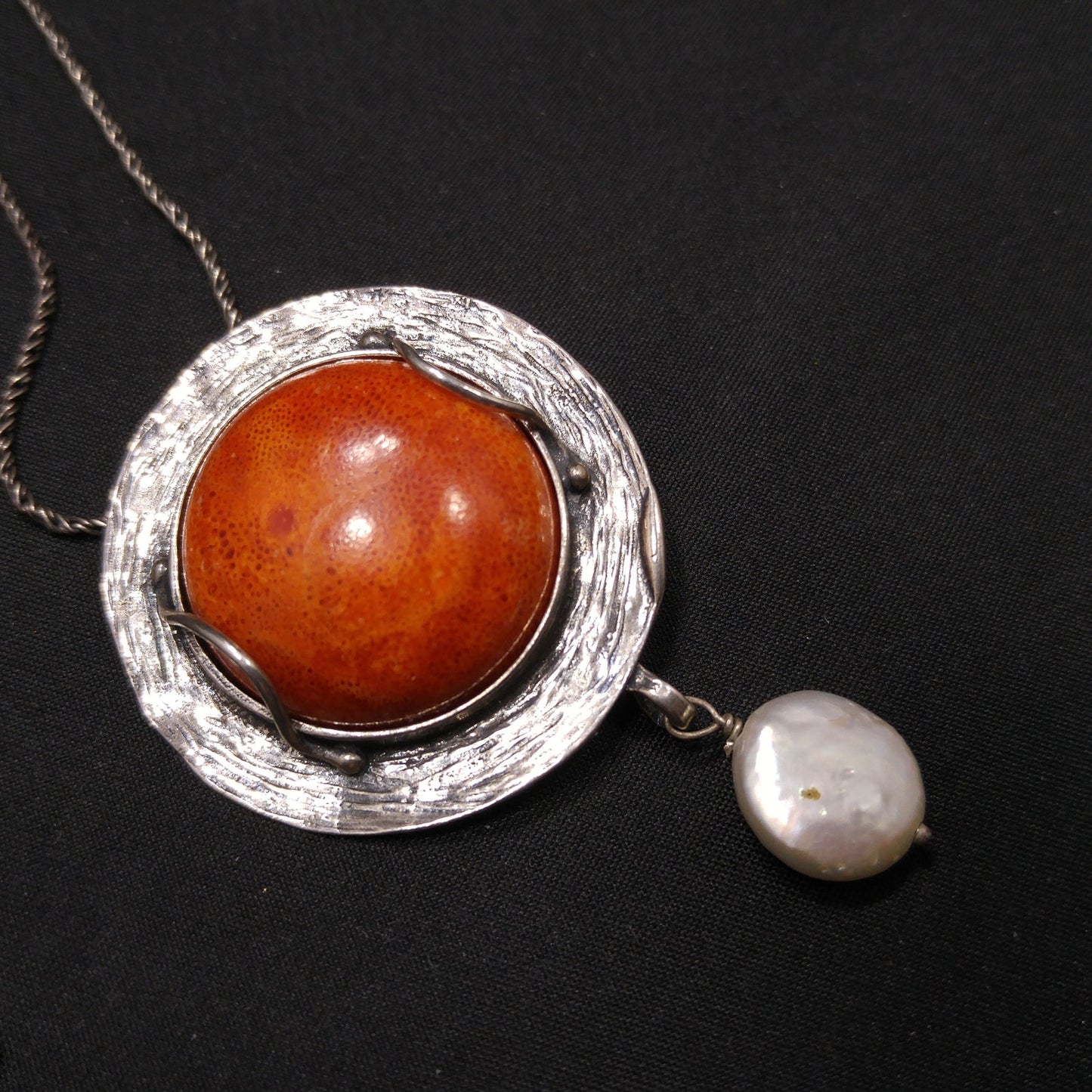 Sterling Silver Israel Artisan Pendant Necklace, Faux Pearl Dangle, 1990s Vintage Jewelry