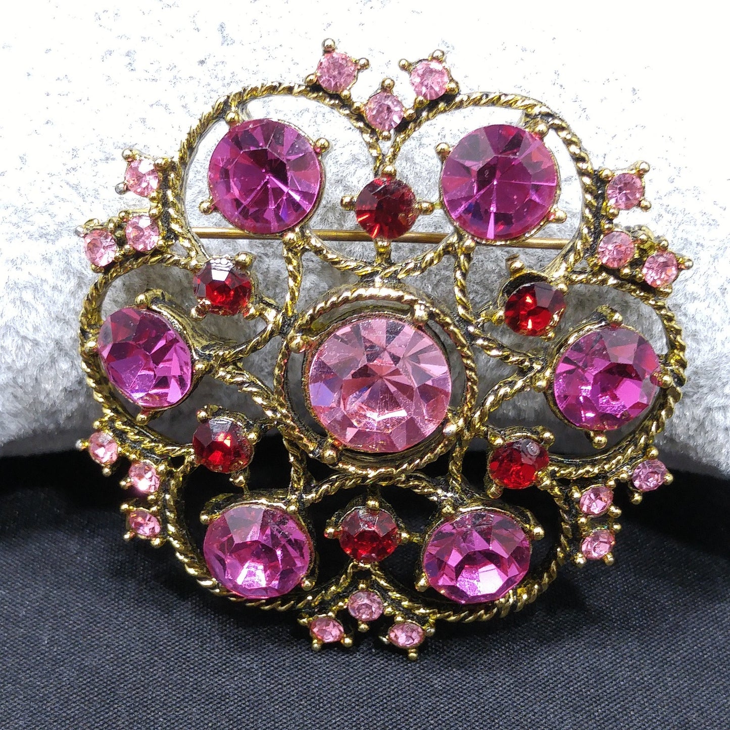 Weiss Pink Rhinestone Brooch, Antique Gold Rope Pin, 1960s Vintage Jewelry