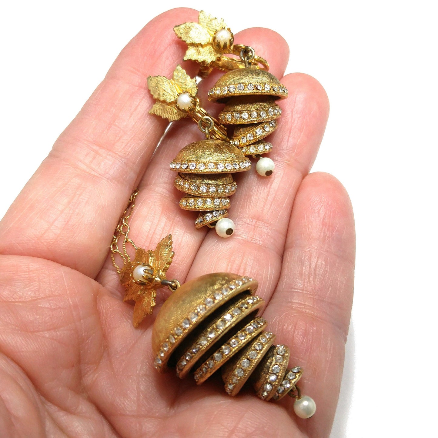 Vendome Articulated Floral Pendant Necklace & Earrings, Pave Rhinestones, Faux Pearls, 1960s Vintage Jewelry