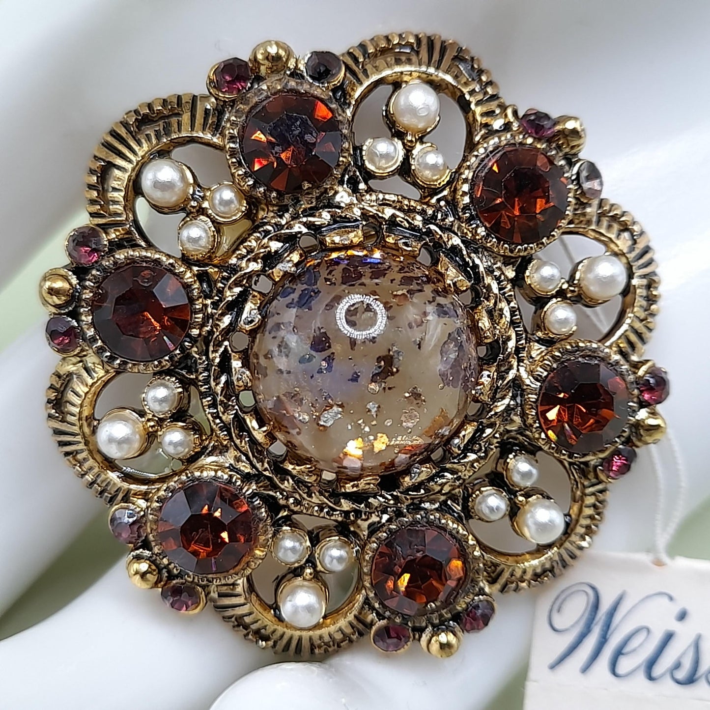 Vintage Weiss Fire Opal Dragons Breath Topaz Brooch Pendant, Faux Pearls, 1960s