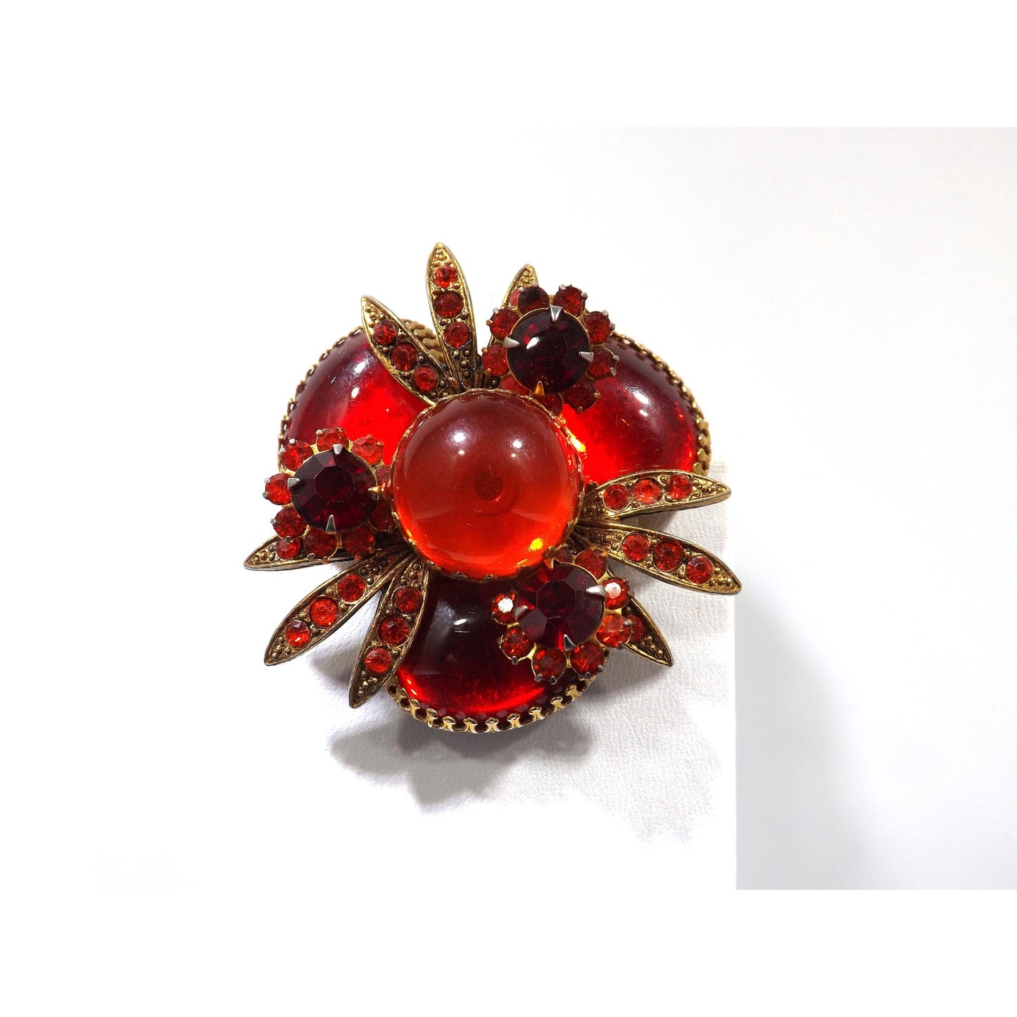 Red Rhinestone Orange Cabs Designer Brooch, Dog Tooth Cabochons, 1960s Vintage Jewelry