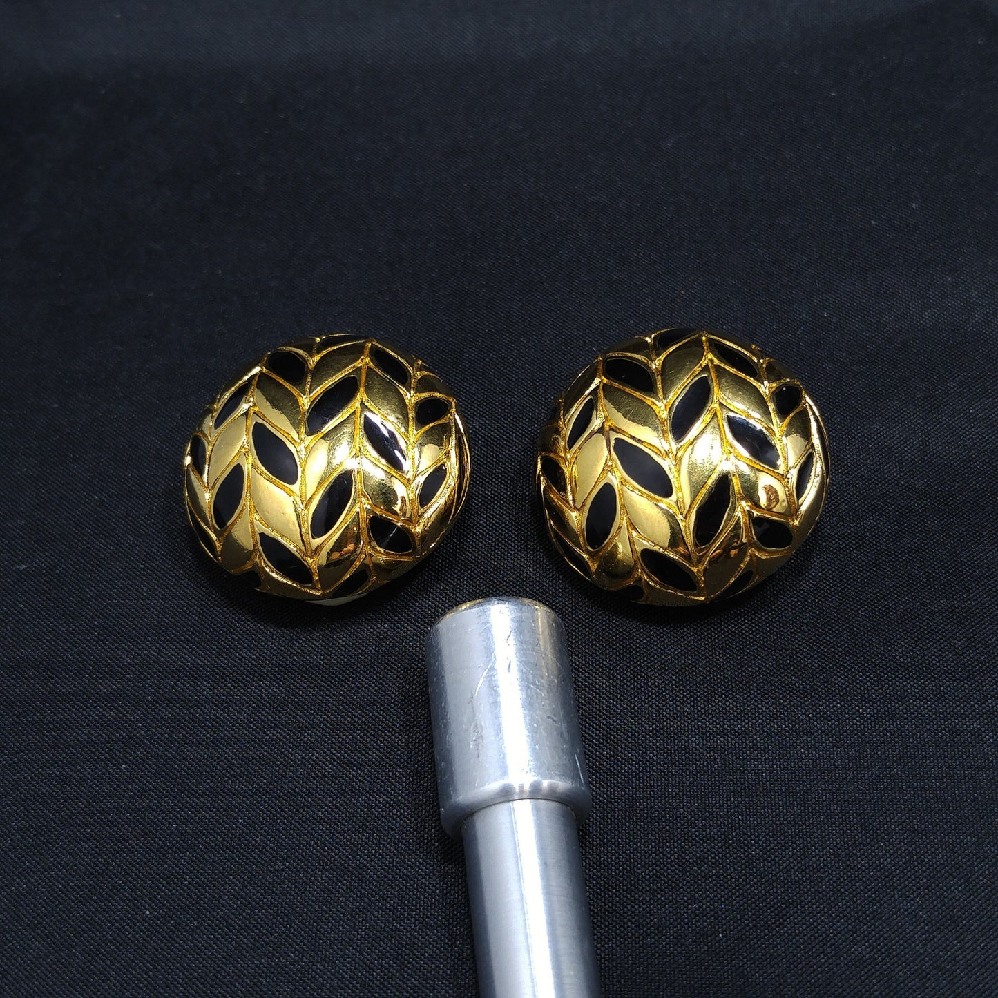 Ciner Gold & Black Clip Earrings, Gold Plated, Black Enamel, 1980s Vintage Jewelry
