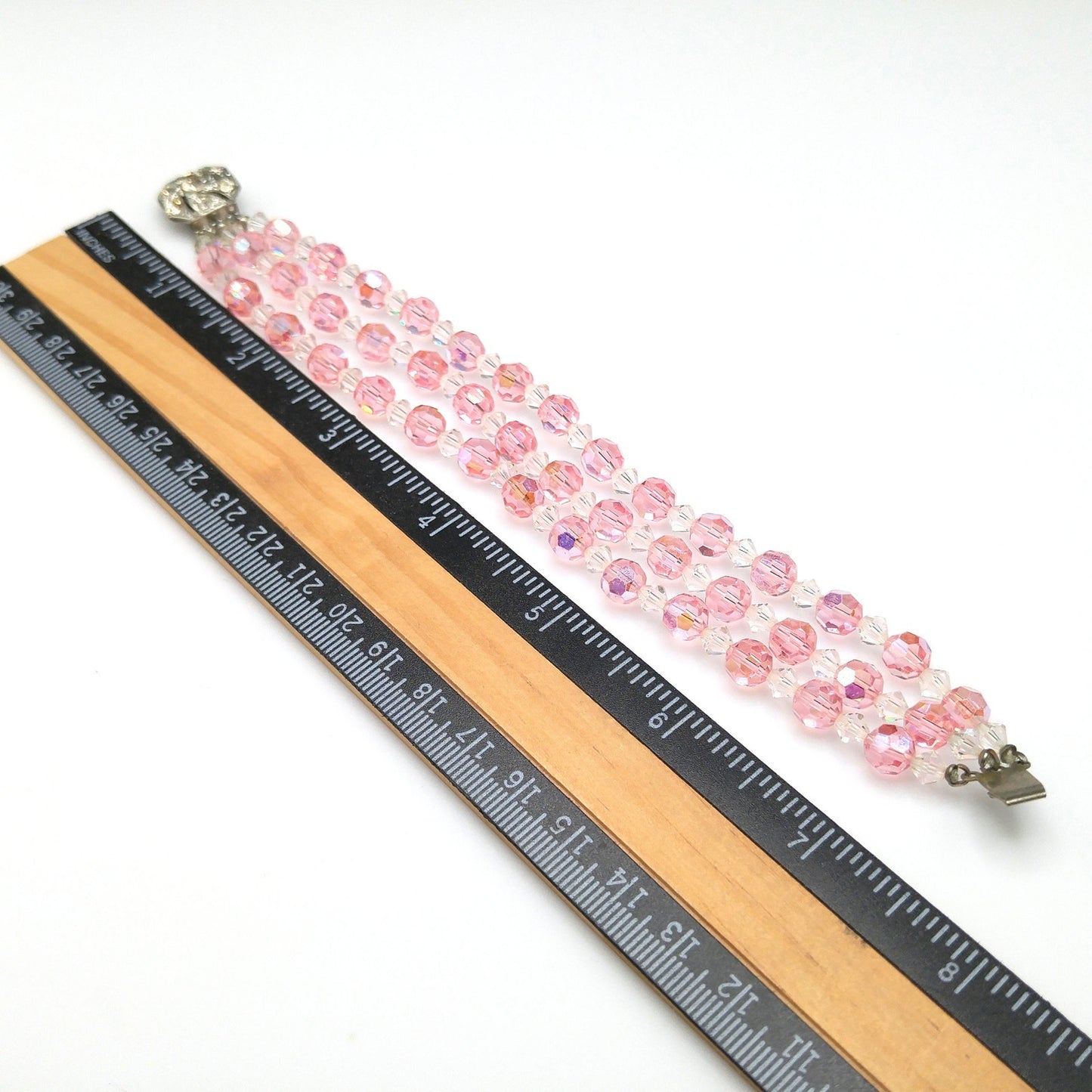 Pink Crystal Beaded Bracelet, Three Strands, Rhinestone Clasp, 1950s Vintage Jewelry