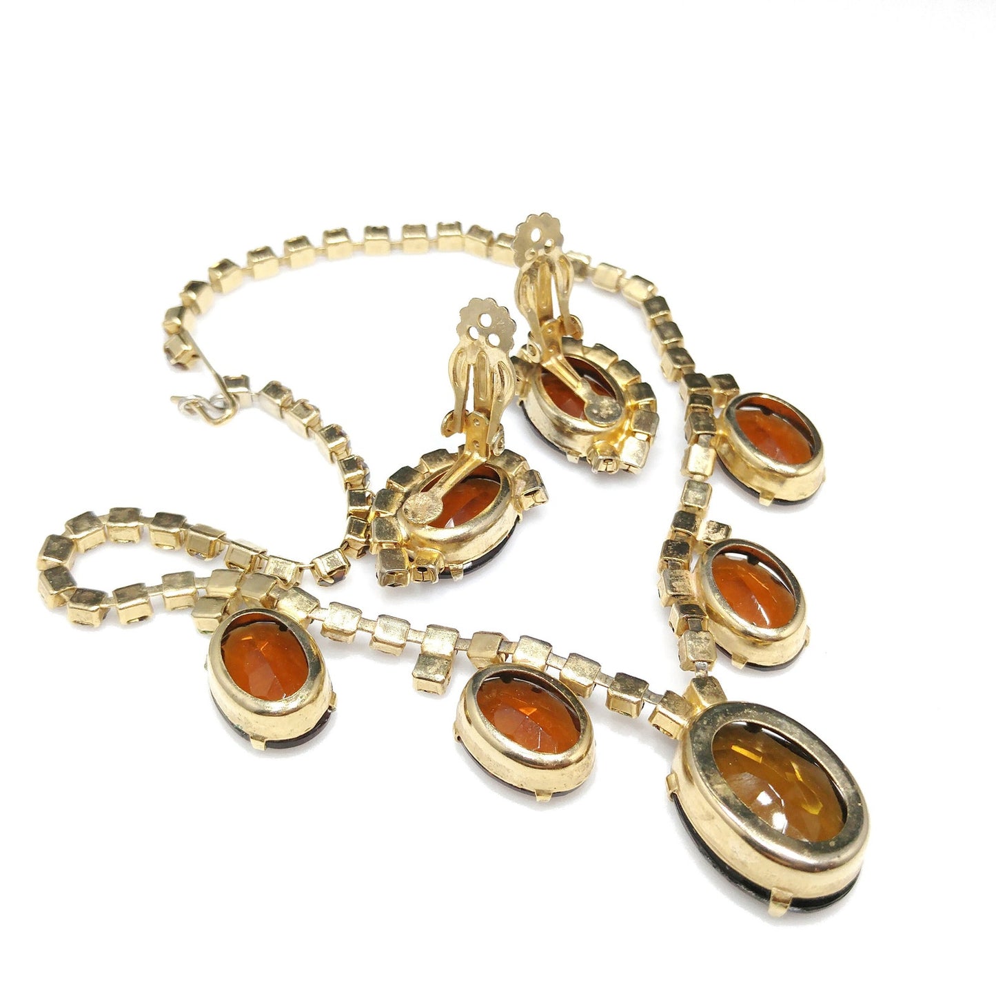 Vintage Topaz Rhinestone Necklace & Earrings, Large Faceted Rhinestones, 1960s Vintage Jewelry