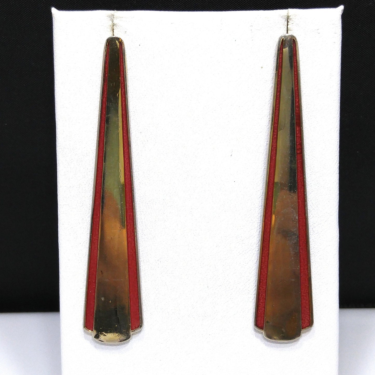 Vintage Laurel Burch Long Post Earrings, Gold Plated, Red Enamel