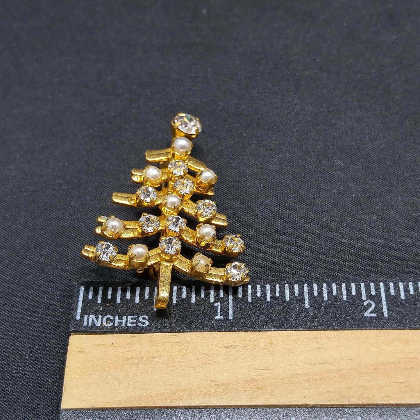 Austria Christmas Tree Brooch, Clear Rhinestones, Faux Pearls, 1960s Vintage Jewelry