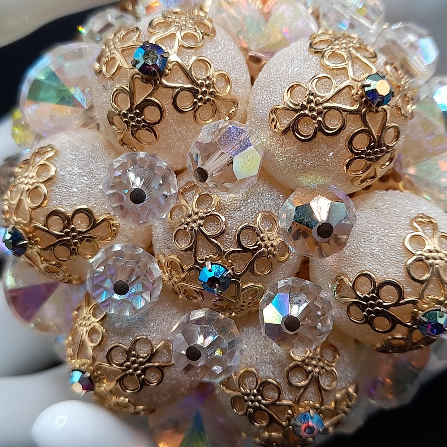 Vintage Crystal Bead Brooch, Aurora Borealis, Art Glass Globes, Filigree End Caps, 1960s Vintage Jewelry
