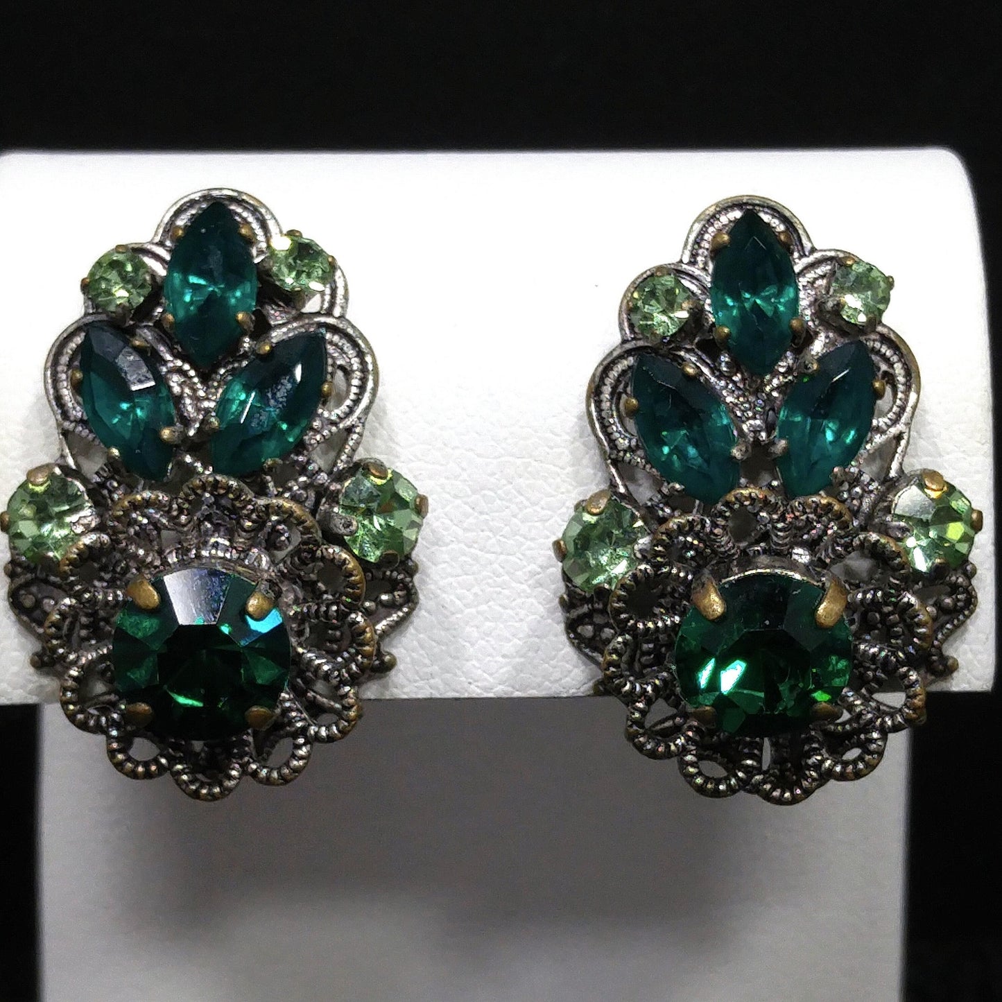 Western Germany Green Filigree Clip Earrings, Light Dark Green Rhinestones, 1950s Vintage Jewelry