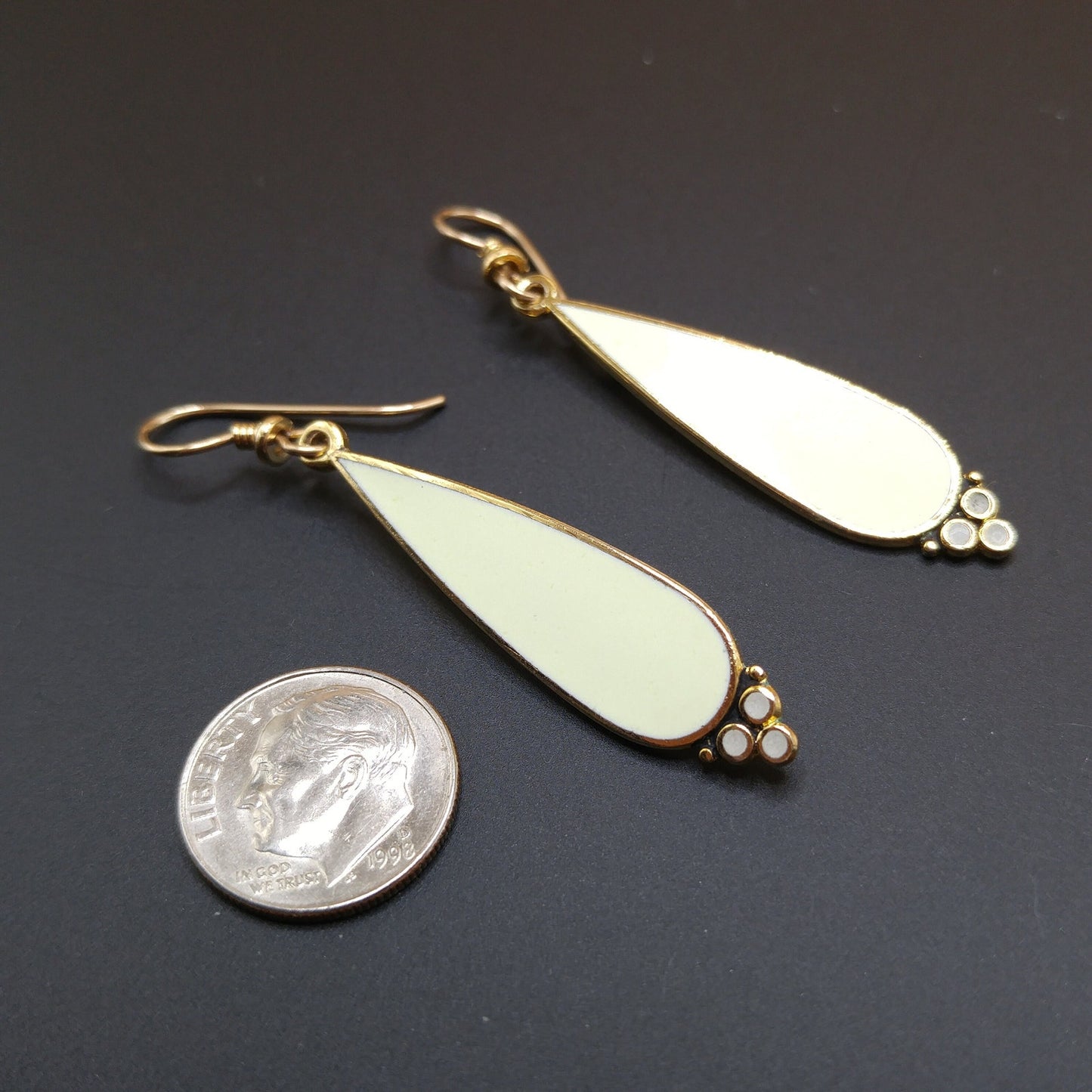 Laurel Burch Cream White Drop Earrings, Gold Plated, 1980s Vintage Jewelry