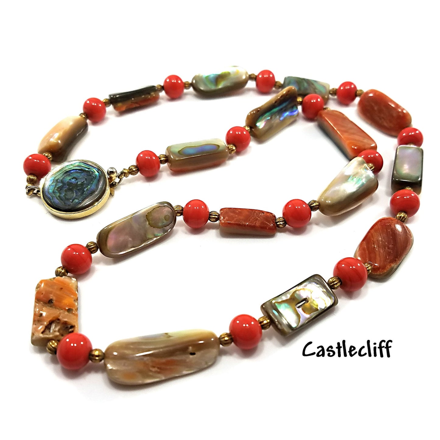 Castlecliff Abalone Beaded Necklace, Orange Glass Beads, Gold Plated Abalone Clasp, 1960s Vintage Jewelry