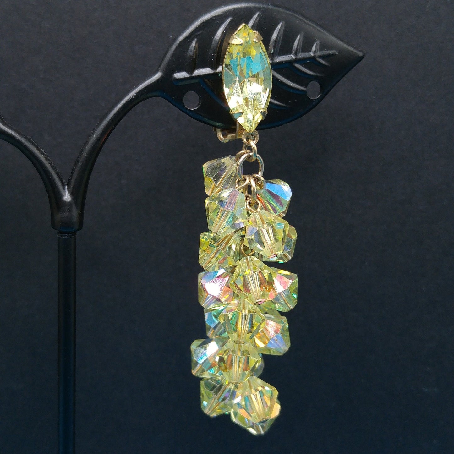Lewis Segal Yellow Drop Clip Earrings, Aurora Borealis, 1960s Vintage Jewelry