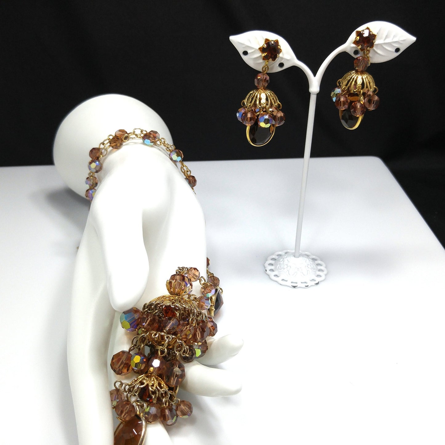 Filigree Chandelier Pendant Necklace & Earrings, Topaz Crystal Beads, 1970s Vintage Jewelry