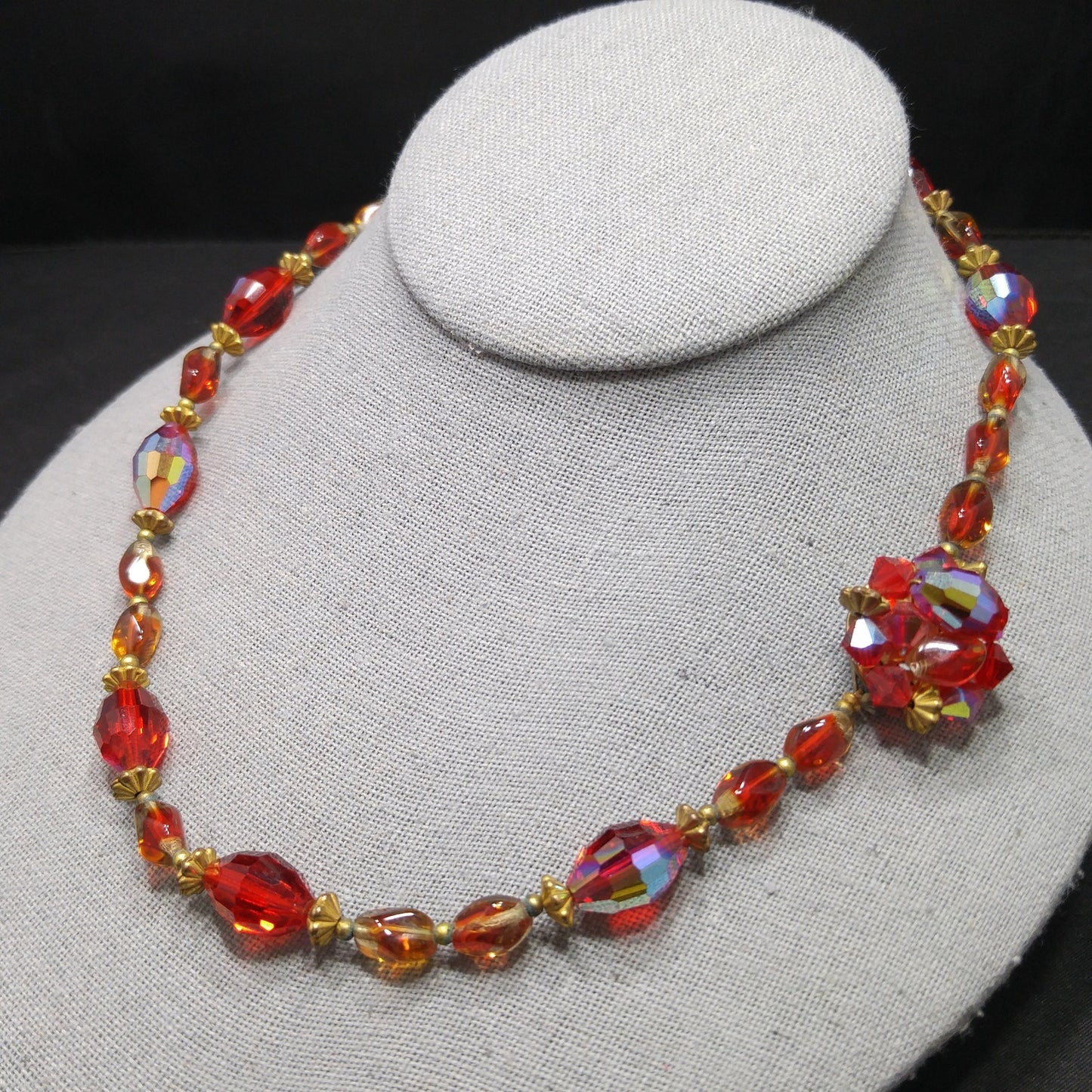 Red Aurora Borealis Beaded Necklace, Beaded Clasp, 1960s Vintage Jewelry