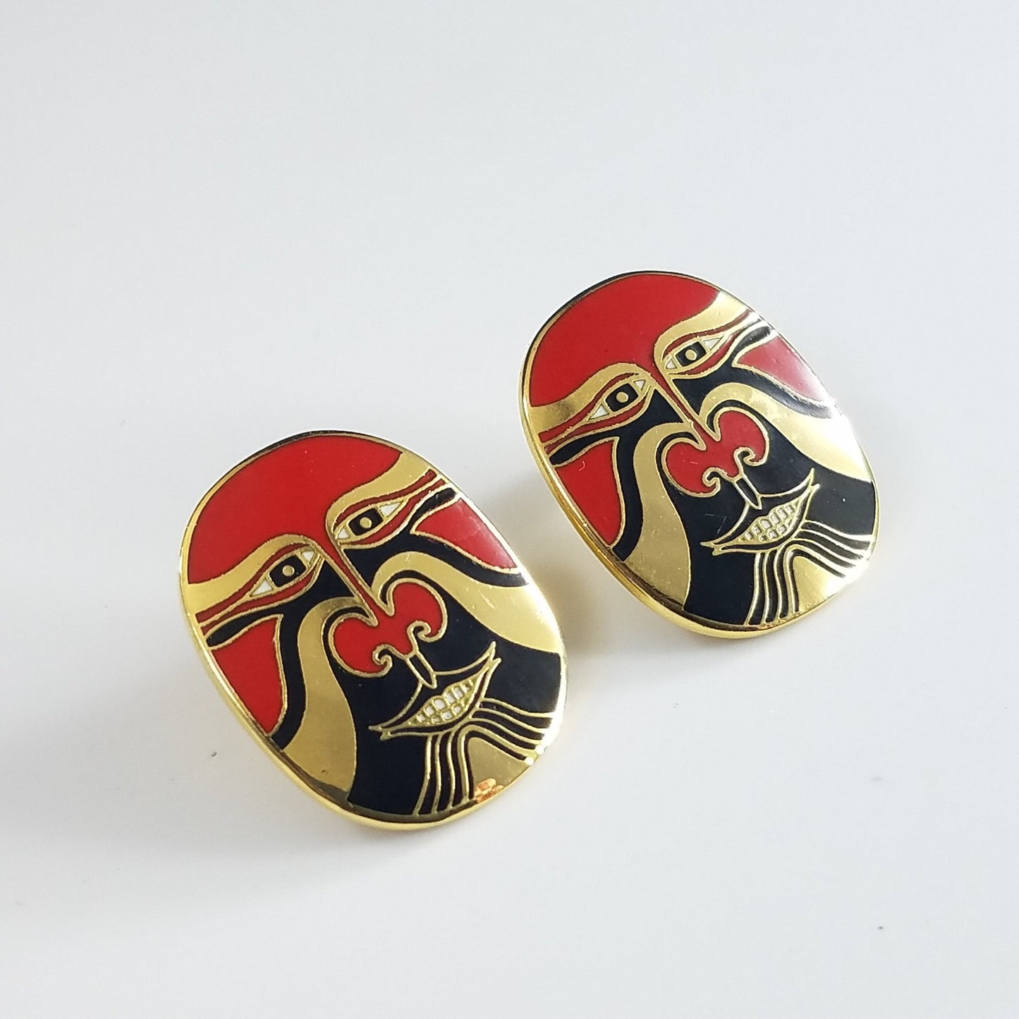 Vintage Laurel Burch "Eiko" Mask Earrings, Red Tribal Pierced Earrings, 1990s