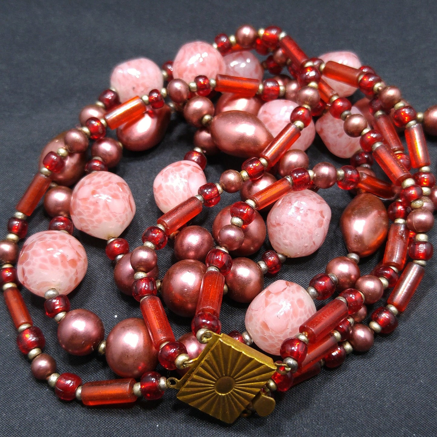Vintage Art Glass Beaded Necklace, Three Strands, 1940s Vintage Jewelry