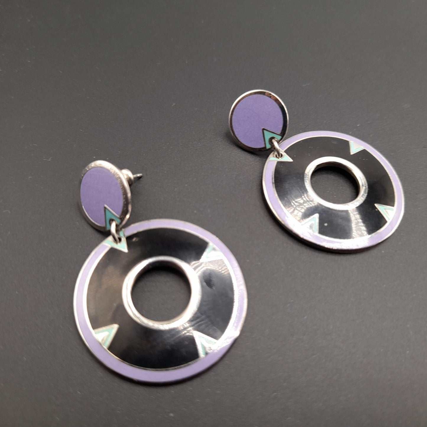 Laurel Burch "Summer Moon" Drop Earrings, Cloisonne Enamel, Rhodium Plate, Rare 1980s Vintage Jewelry