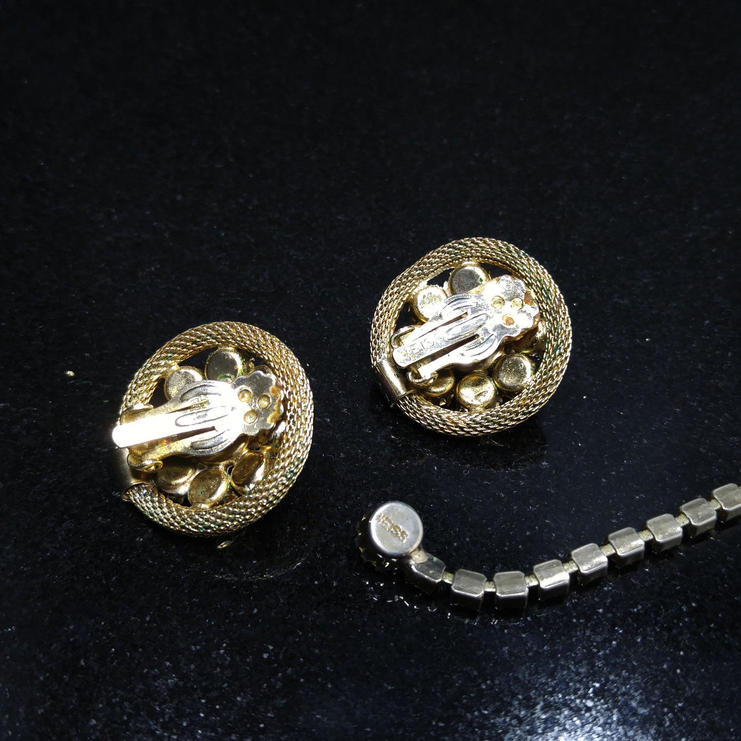Weiss 1950s Gold Mesh Necklace & Earrings Set – Pink and Lavender Rhinestones