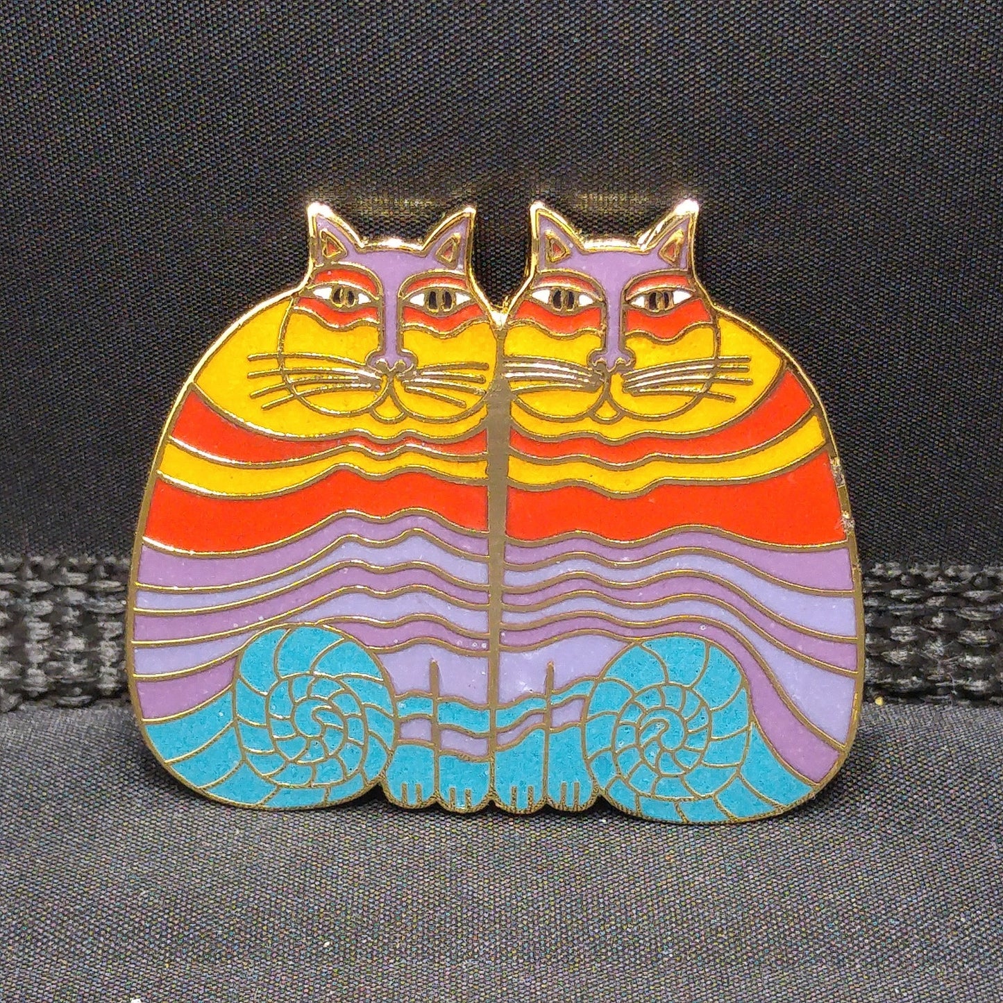 Laurel Burch "Rainbow Cats" Two Cat Brooch, Gold Plated Cloisonne Enamel, 1980s Vintage Jewelry