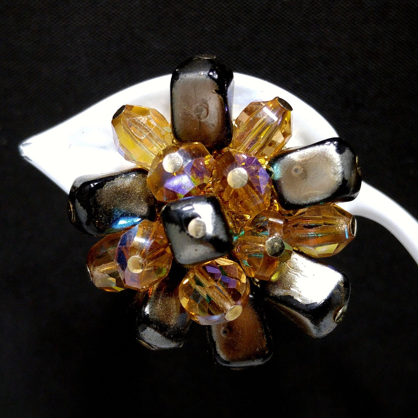 Vendome Beaded Clip Earrings, Brown Iridescent AB Topaz Beads, 1960s Vintage Jewelry
