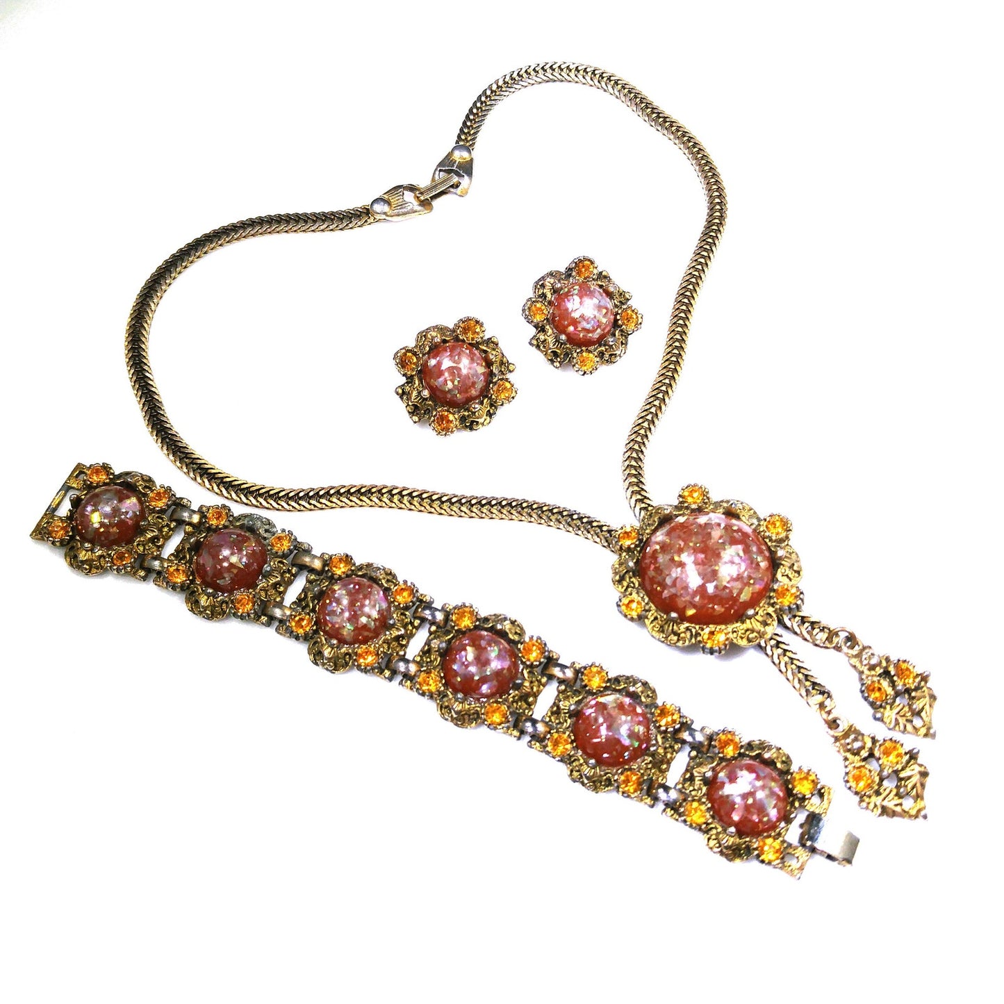 Glitter Lucite Light Topaz Rhinestones Jewelry Set, Necklace Bracelet Clip Earrings, 1950s Vintage Jewelry