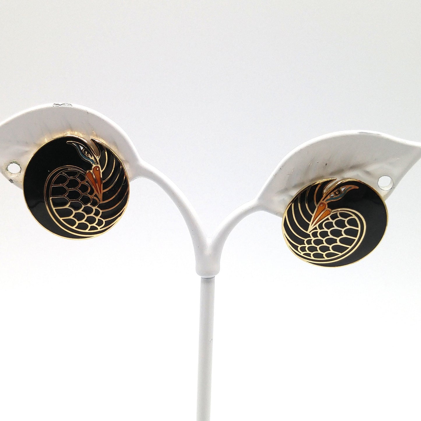 Laurel Burch "Mynah Bird" Black Clip Earrings, Gold Plated, 1980s Vintage