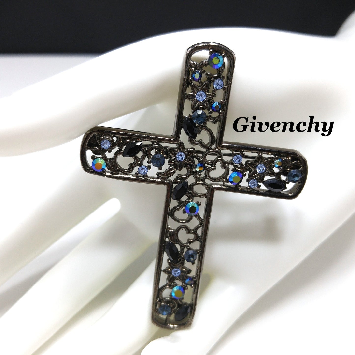 Givenchy Large Cross Brooch, Aurora Borealis Blue Rhinestones, 1990s Vintage Jewelry