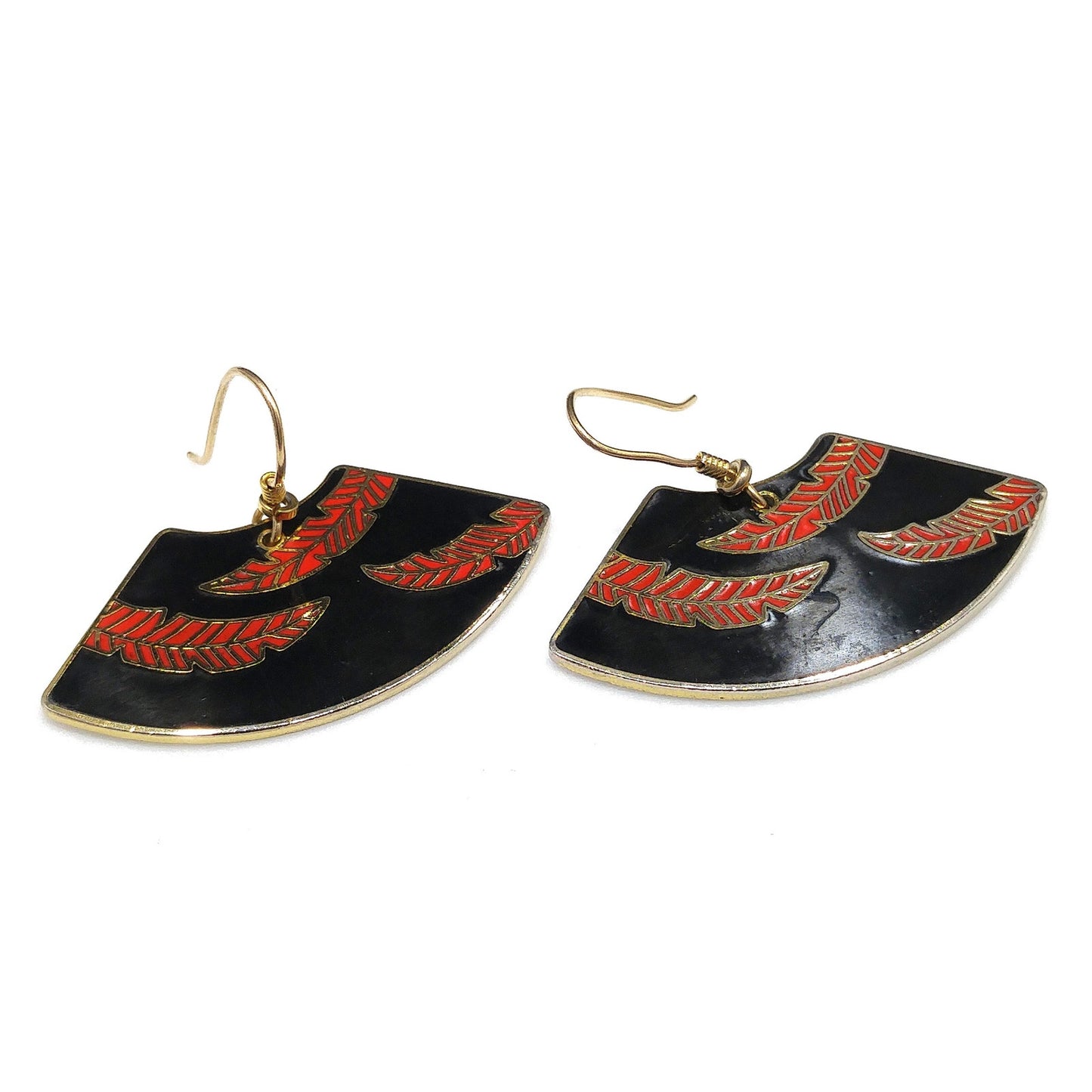 Laurel Burch Large Fan Earrings, Palm Leaves Design, Black Red Enamel, Gold Plated, 1980s
