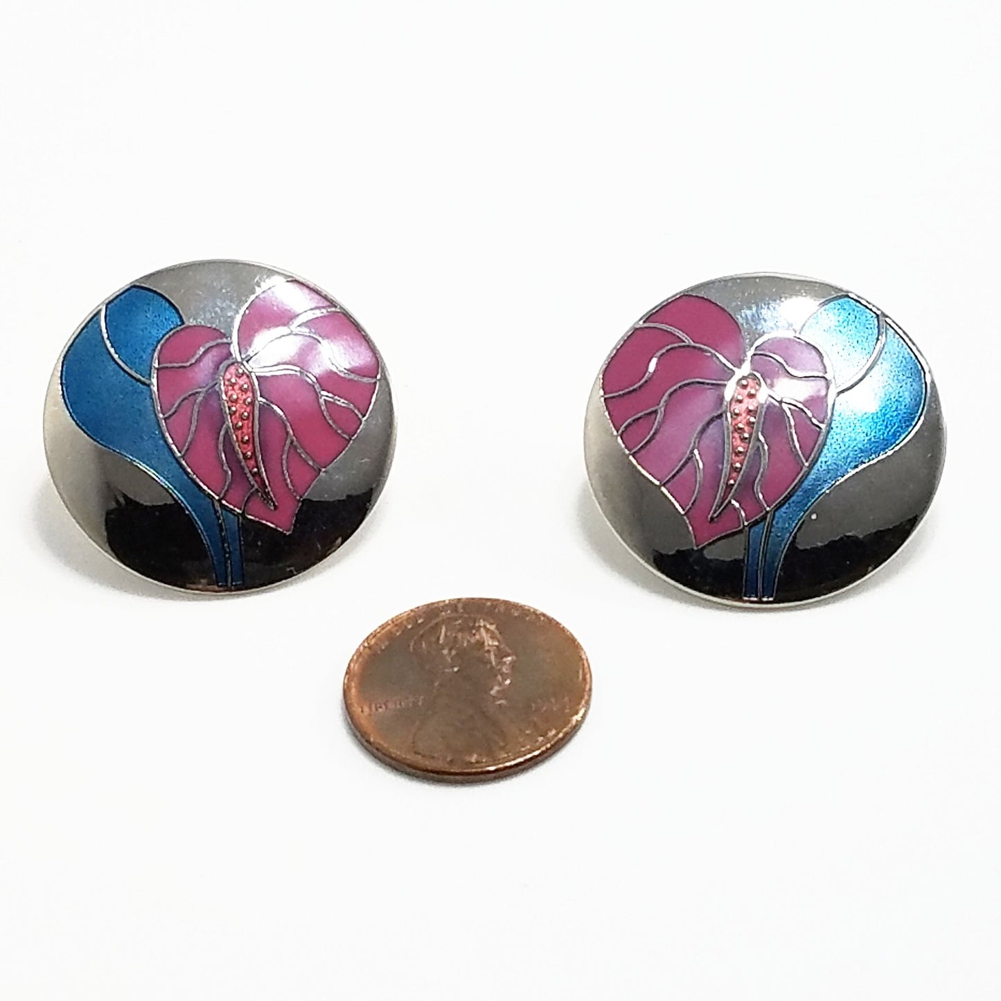 Vintage Laurel Burch "Antherium" Earrings Post Enamel Pink 1980s Vintage Jewelry