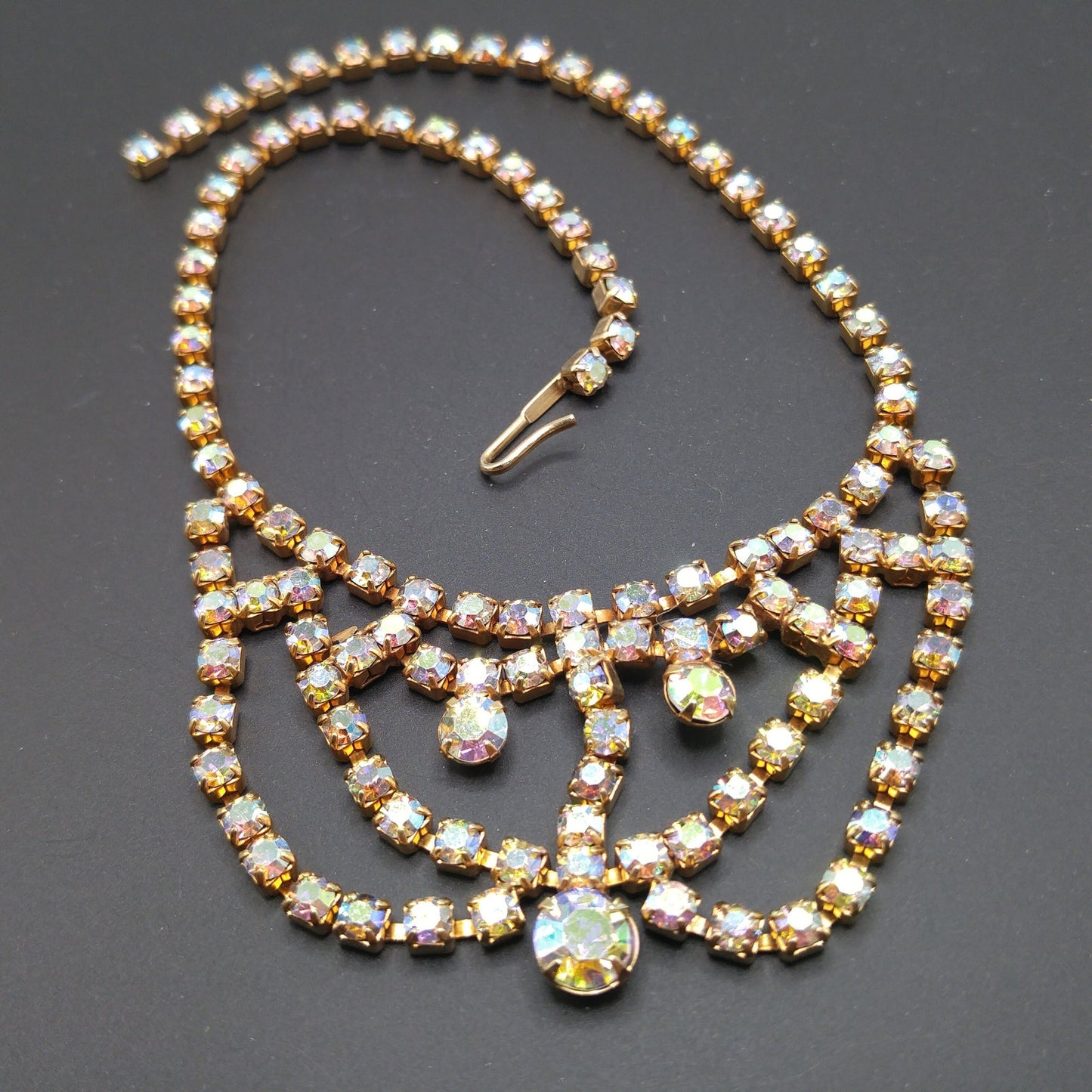 Aurora Borealis Rhinestone Choker Necklace, Gold Plated, 1960s Vintage Jewelry