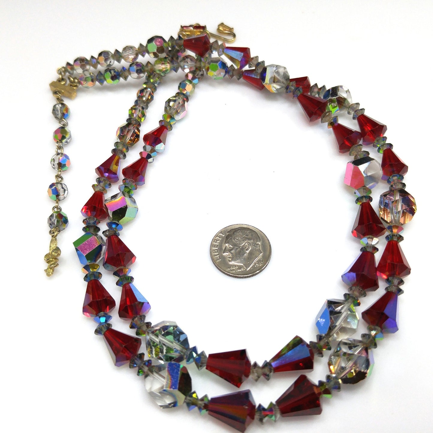 Vendome Red Crystal Two Strand Necklace, Aurora Borealis, 1960s Vintage Jewelry