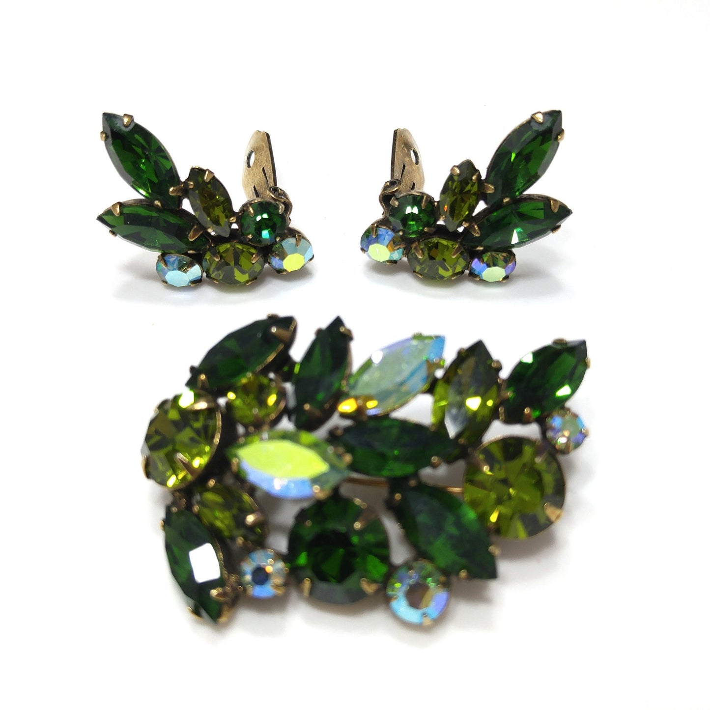 Green Crystal Rhinestone Brooch & Earrings, Aurora Borealis, 1960s Vintage Jewelry