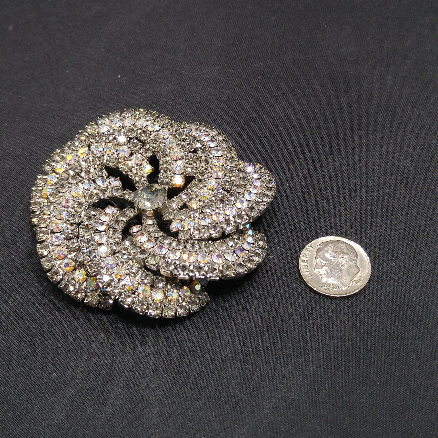 Vintage Pinwheel Rhinestones Brooch, AB Rhinestones, Rhodium Plated, 1960s
