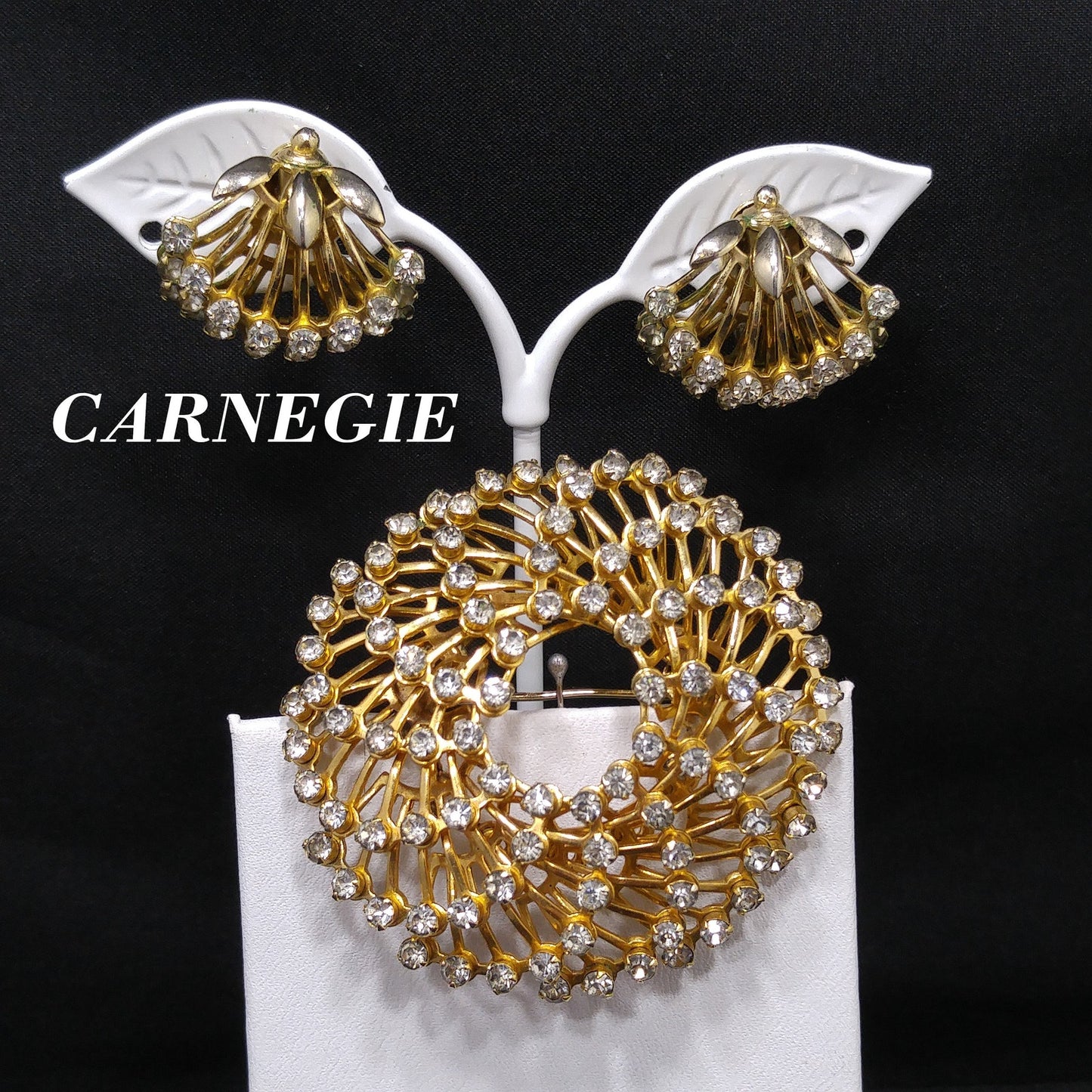 Vintage Hattie Carnegie Rhinestone Brooch & Earrings, Gold Plated, 1950s
