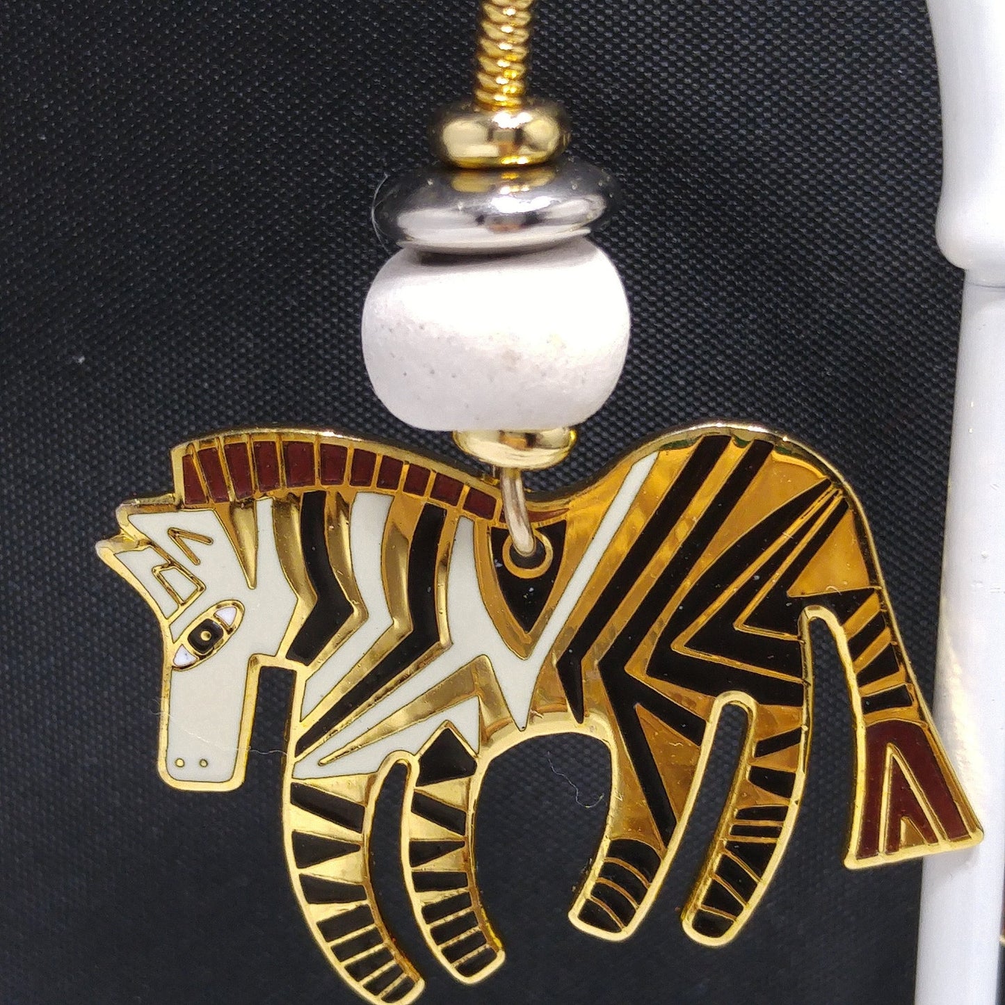 Laurel Burch "Wild Zebra" Earrings, Black White Enamel, Gold Plated, 1980s Vintage Jewelry