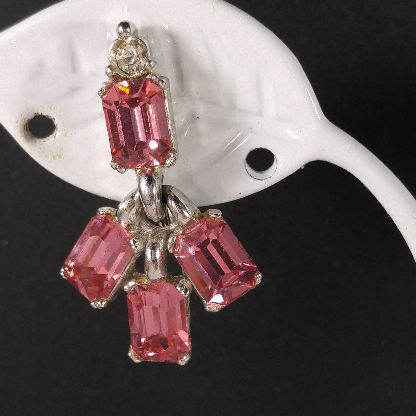 Bogoff Pink Rhinestone Screw Back Earrings, Rhodium Plated, 1950s Vintage Jewelry