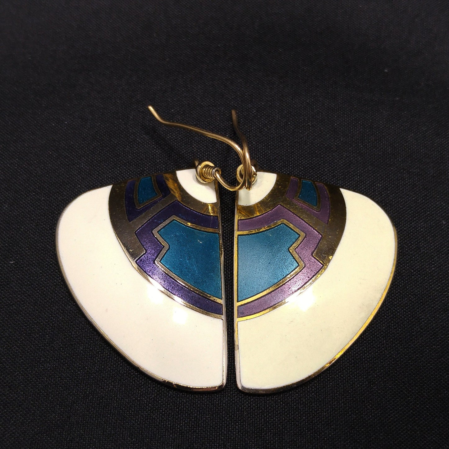 Laurel Burch White Purple Blue Enamel Fan Earrings, Gold Plated Cloisonne, 1980s Vintage Jewelry