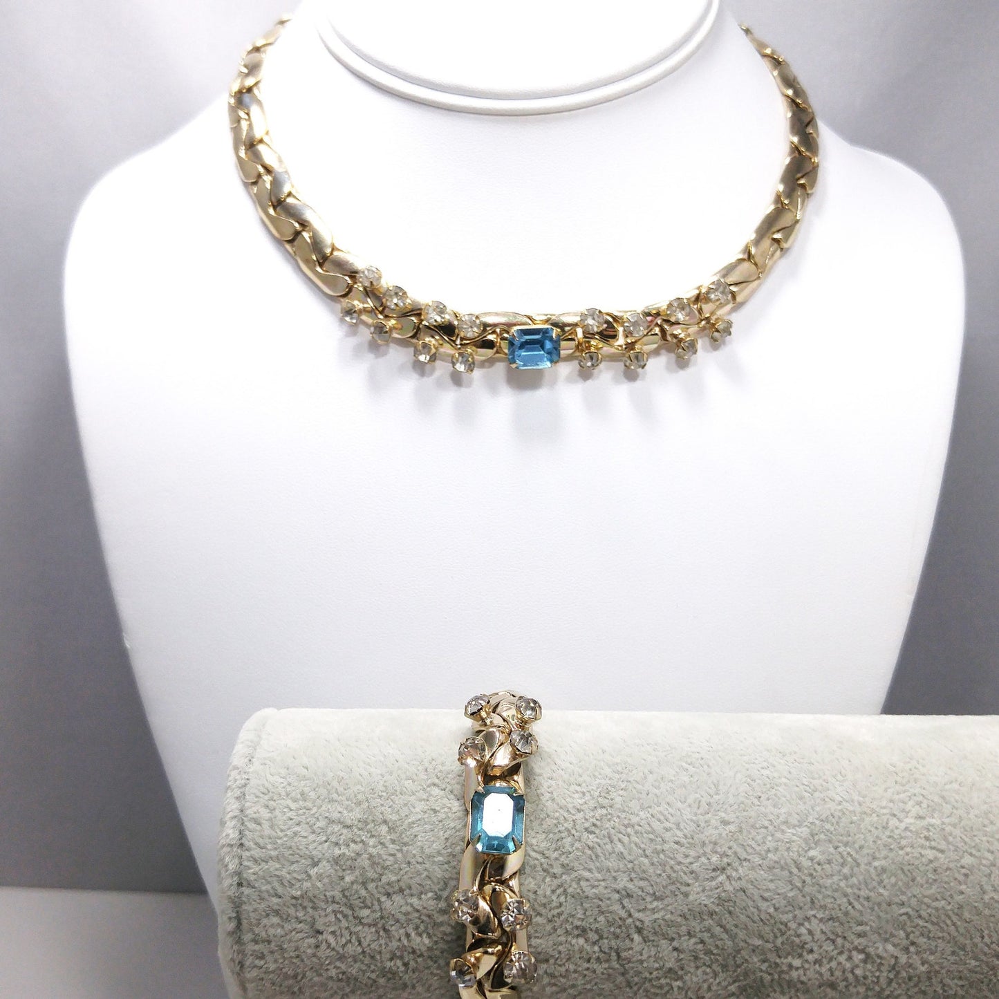 Vintage Gold Tone Chain Rhinestone Necklace & Bracelet Set, Sky Blue