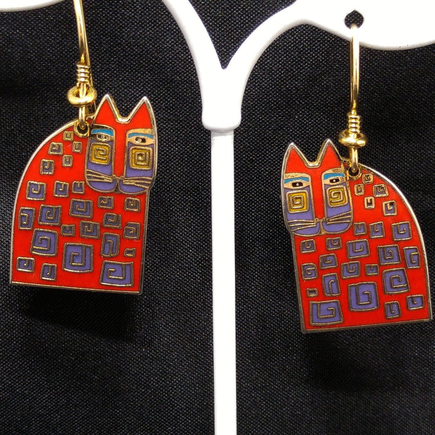 Laurel Burch "Red Cat" Earrings, Gold Plated, Red Enamel, 1980s Vintage Jewelry
