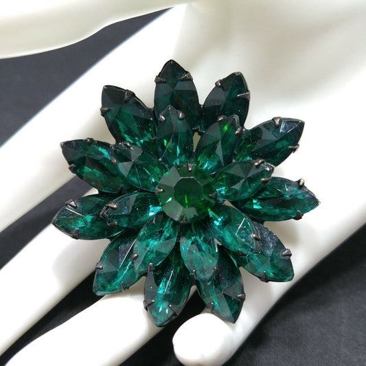 Vintage Emerald Green Rhinestones Floral Japanned Brooch, Mid-Century Flower Pin, 1950s Vintage Jewelry