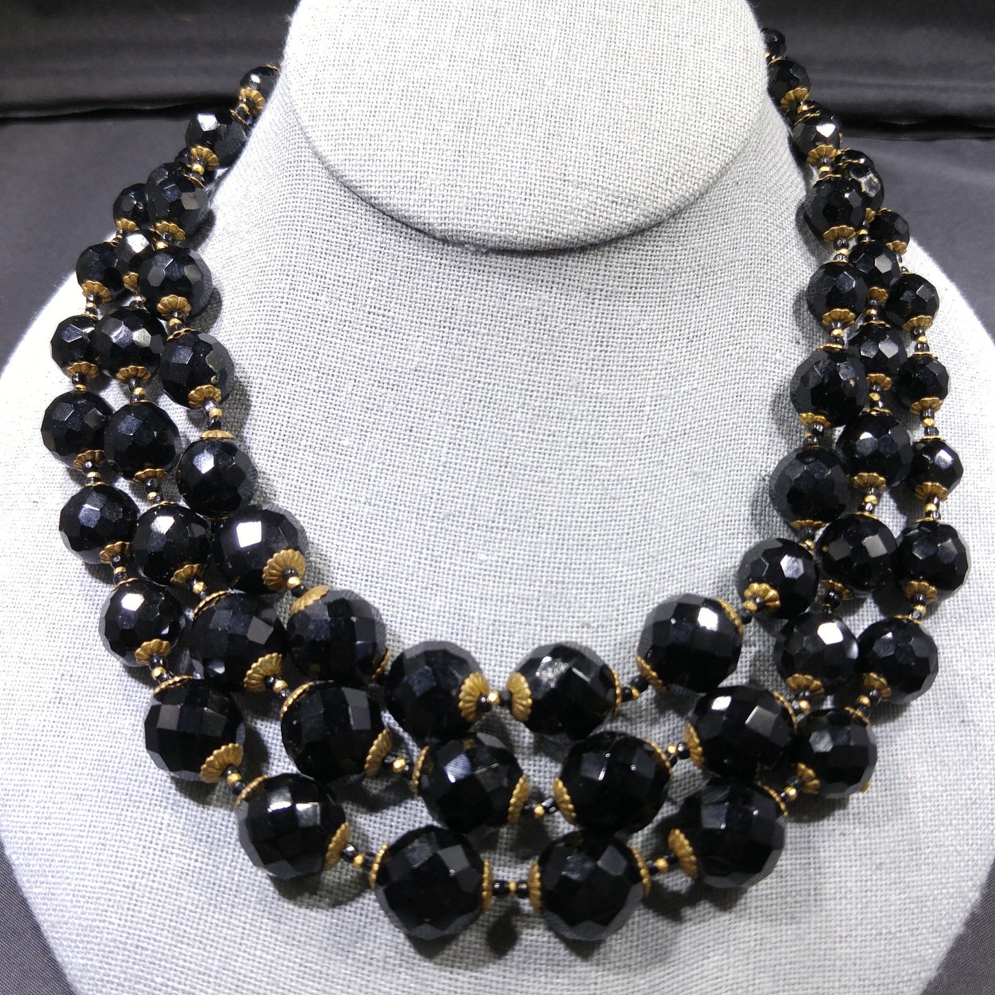 Miriam Haskell Black Beaded Necklace, Three Strands, 1960s Vintage Jewelry