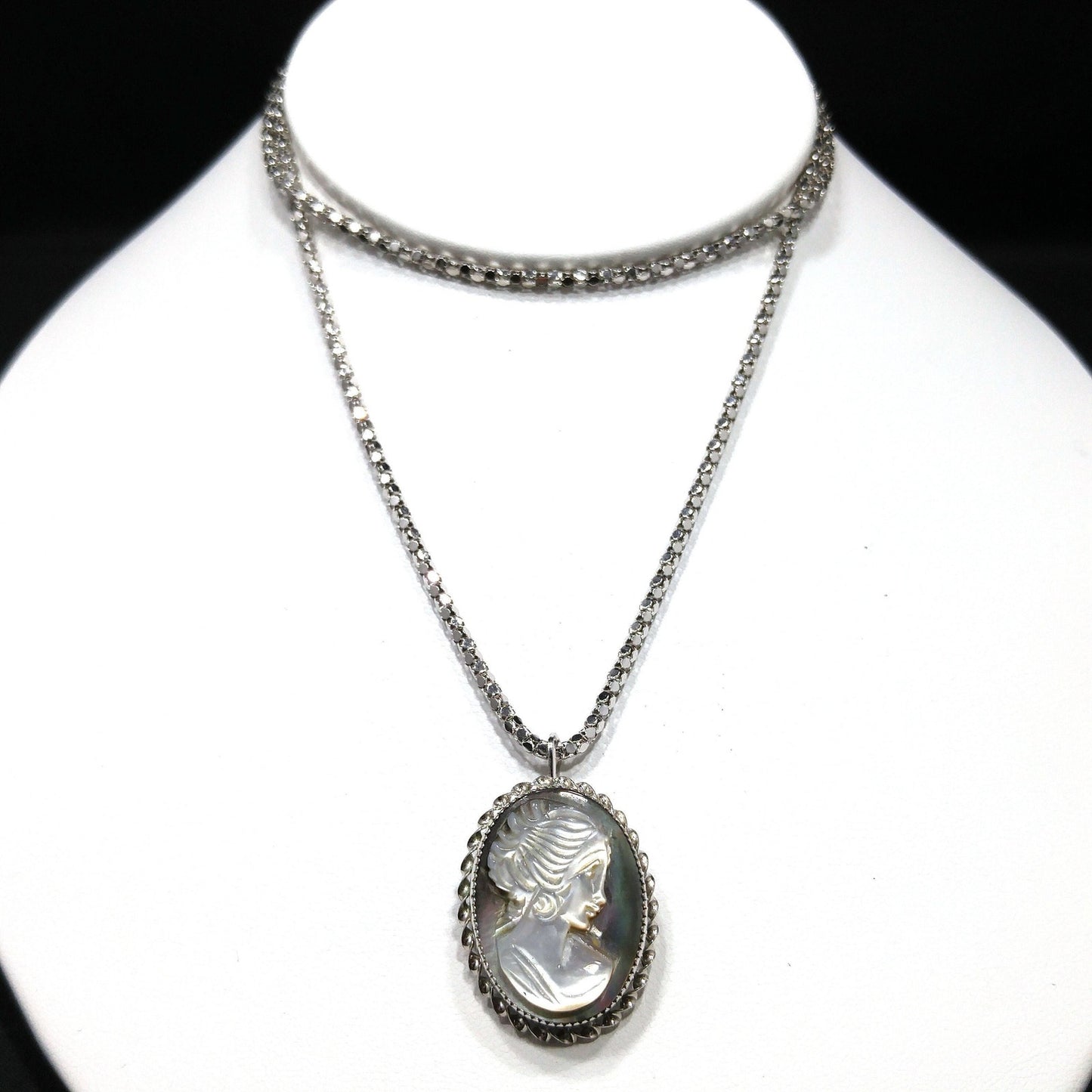 Abalone Shell Cameo Pendant Brooch, 925 Silver Necklace, 1970s Vintage Jewelry