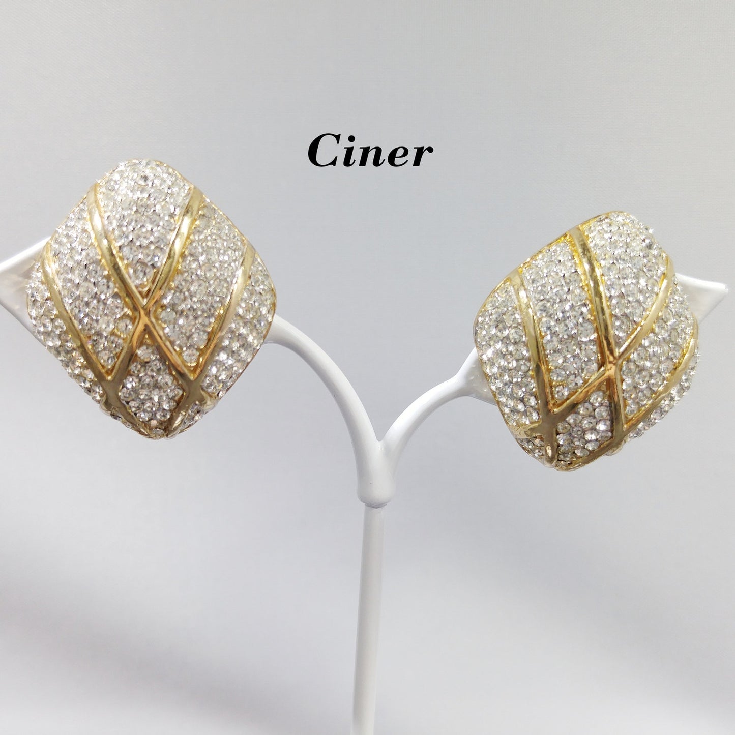 Vintage CINER Pave Rhinestone Clip Earrings, Gold Plated