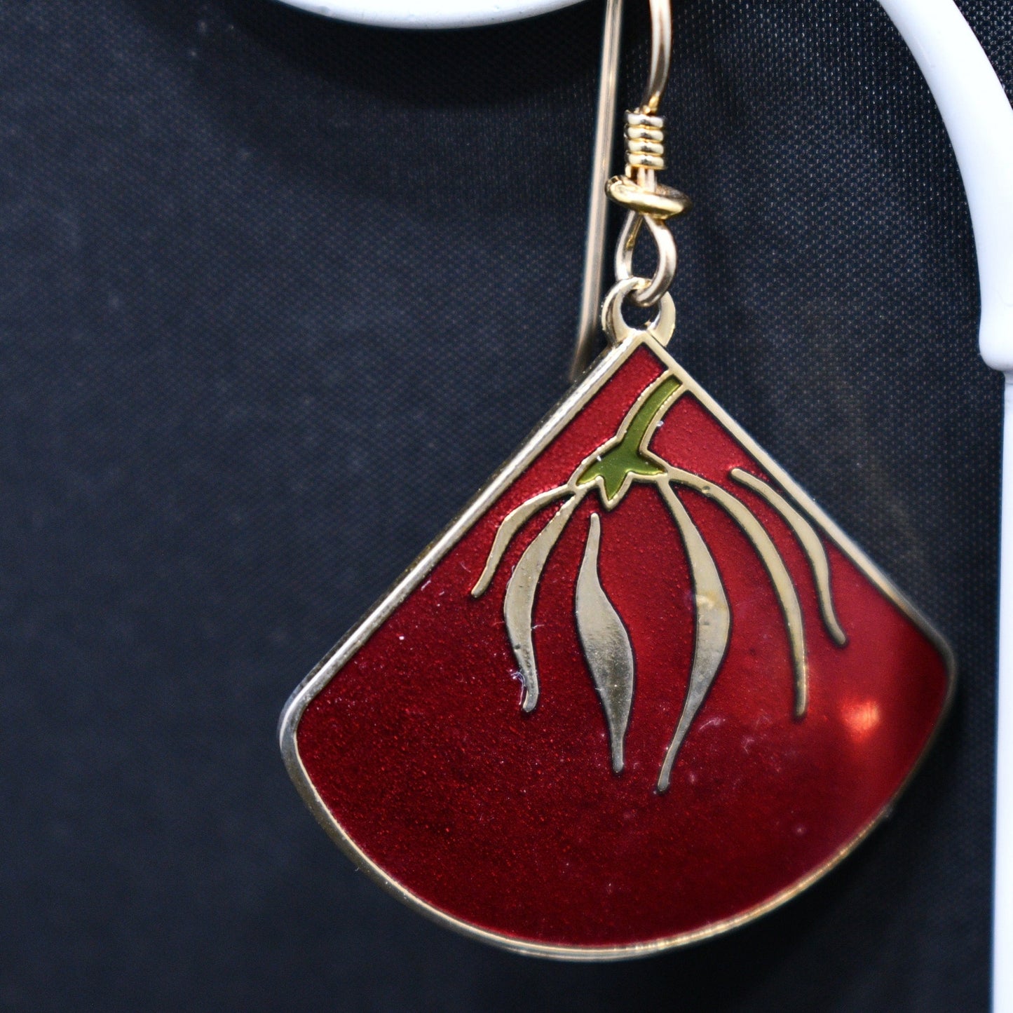 Laurel Burch "Willow Fan" Earrings, Gold Plated, Cloisonne Red Enamel, 1980s