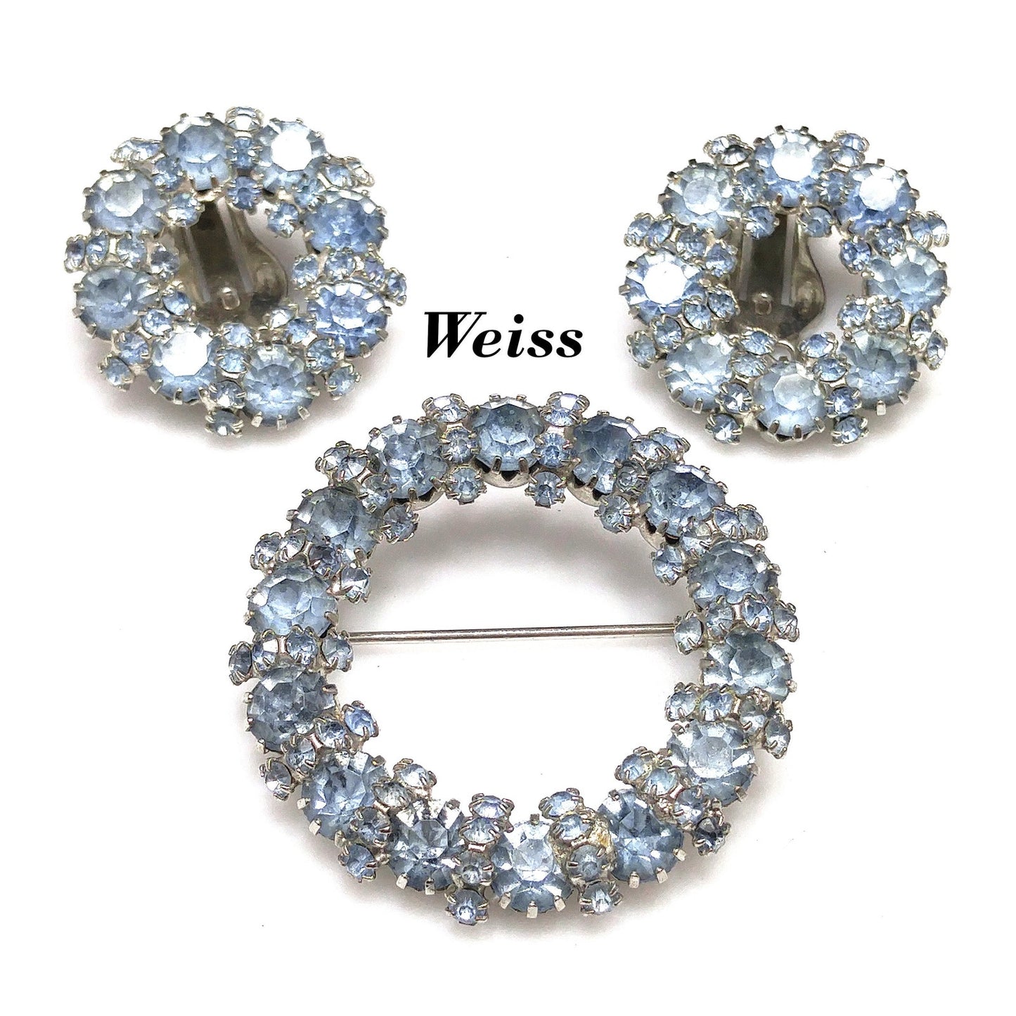 Vintage Weiss Wreath Rhinestone Brooch & Earrings, Light Blue Rhodium Plated