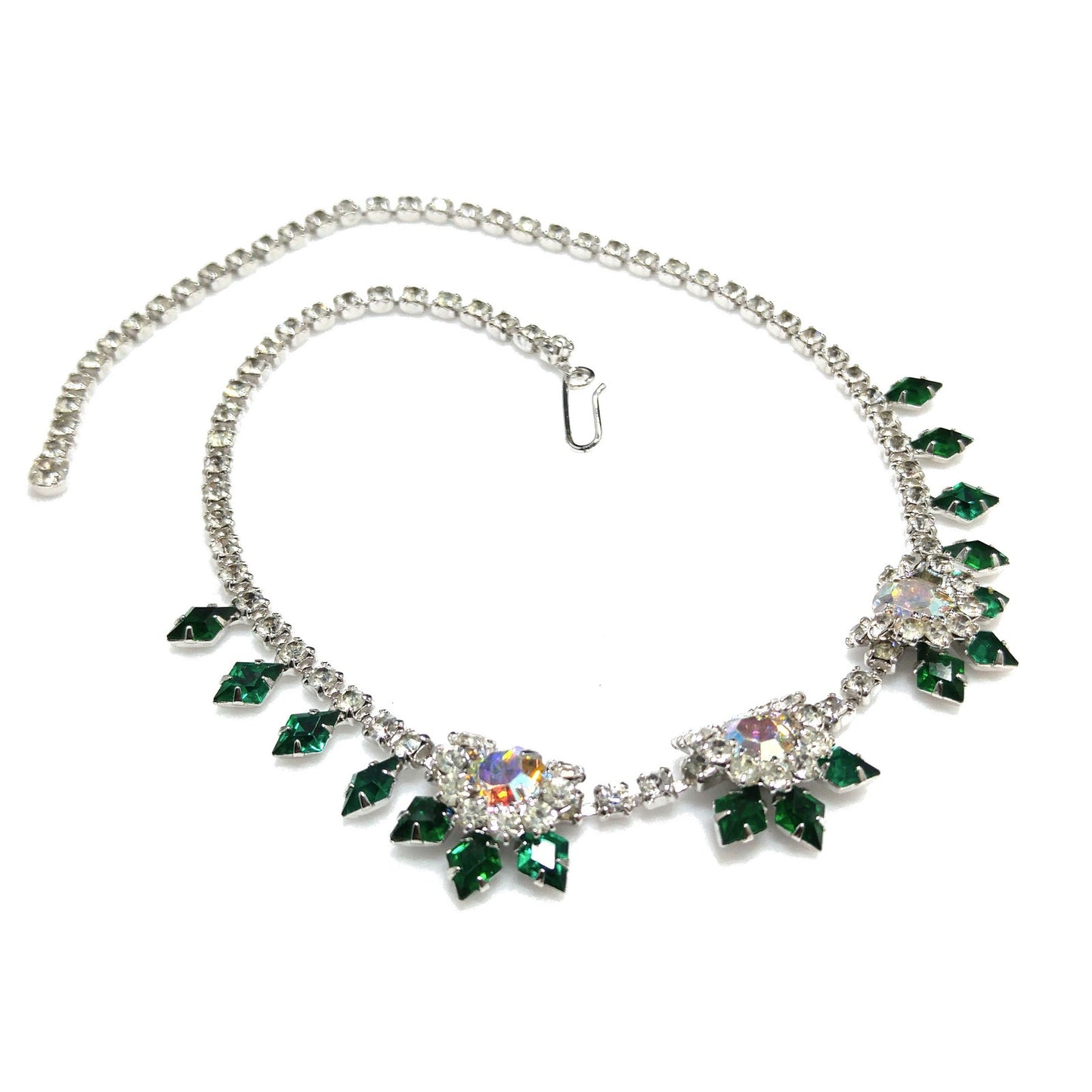 Vintage Green Clear Rhinestone Choker Necklace, Aurora Borealis, Rhodium Plated, 1960s Vintage Jewelry